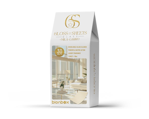Gloss Glass Cleaner Sheets – high yield concentrated cleaner, enzyme-powered cleaner, streak-free glass cleaner, window cleaner, free microfiber cloths