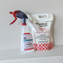 Samba Segredin bathroom cleaner bottle and refill pack on a white surface