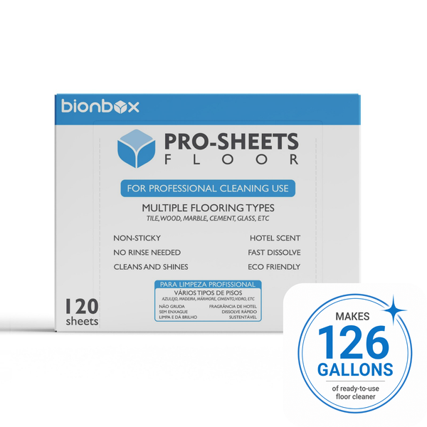 Bionbox Pro-Sheets Floor cleaner box shown on a white background, with a blue and white package design and a circular badge stating it makes 126 gallons of ready-to-use floor cleaner.