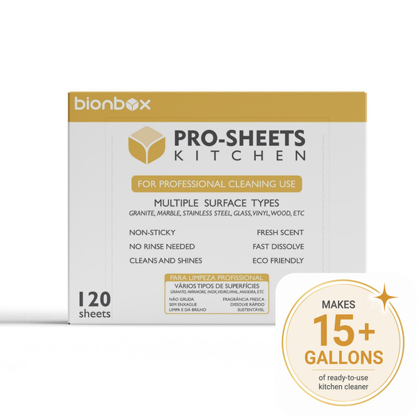 Bionbox Pro-Sheets Kitchen professional cleaning sheets box, 120 sheets, shown on a white background with a circular badge stating it makes 15+ gallons of cleaner.